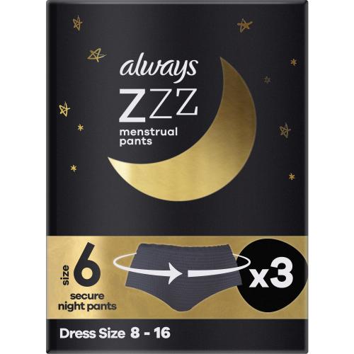 Always ZZZ Menstrual 360° Overnight Disposable Period Underwear Pants Γυναικεία Μαύρα Εσώρουχα Περιόδου Νυχτός μιας Χρήσης 3 Τεμάχια - Size 6